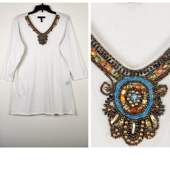 Rebecca Moses for Neiman Marcus Size L Ivory with Jeweled Neckline Tunic Top - Picture 1 of 9